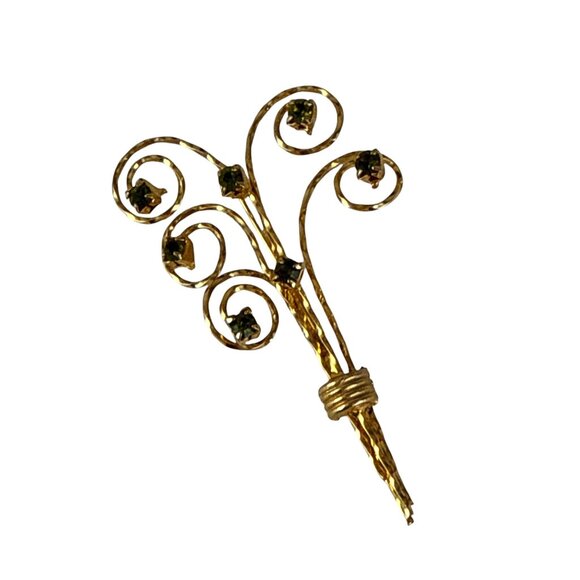 Vintage Gold Wire Swirl Brooch Green Rhinestones Floral Mid-Century Pin 2.5” - Picture 5 of 6